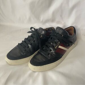 Bally Black Leather Sneakers – Signature Red & White Stripe – Size 37